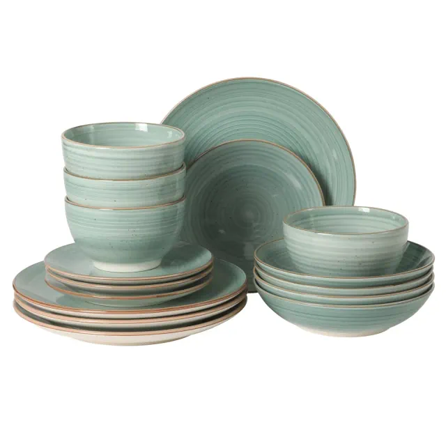 Gibson Home Stonebury 16 Piece Plates and Bowls Teal - Handpainted Stoneware Dinnerware Set - Service for 4