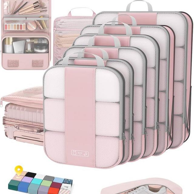 10 Set Compression Packing Cubes for Travel Essentials Women Mom,Compressible Expandable Packing Cubes for Suitcase,OlarHike Luggage Organizer Bags for Travel,Handy Helper for Organizing Clothes(Pink)