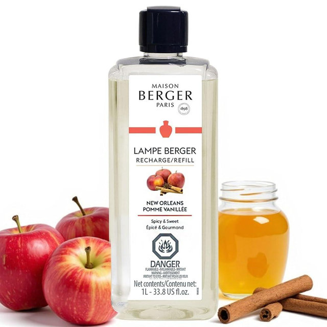 Maison Berger New Orleans Lampe Berger Refill, 1 Liter (33.8 fl oz), 2-in-1 Catalytic System, Neutralizes Odors and Diffuses Fragrance, Apple, Cinnamon, Vanilla, Made in France
