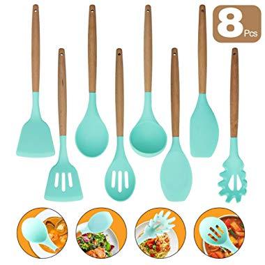 Kitchen Utensil Set, 8 Piece Silicone Cooking Utensils Set, Silicone And Acacia Wooden Utensils for Nonstick Cookware, BPA Free & Non Toxic.
