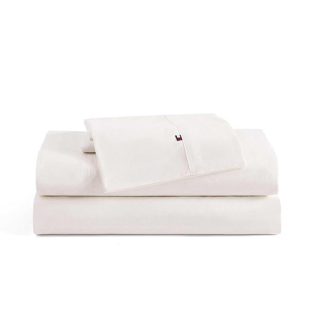 Tommy Hilfiger - Sheet Set, Cotton Washed Percale Bedding with Matching Pillowcases, Crisp & Cool, Solid Home Essentials (Ivory, King)