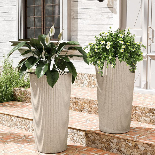 Trygoal 23.6" H Tall Planters for Outdoor Plants, 2 Pack Large Outdoor Planters for Front Porch Decor with Drainage Hole, Plastic Striped Flower Pots Fits Indoor Plants Patio Garden, Black