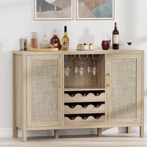 Rattan Wine Bar Cabinet with Glass Holder and Drawer Style Wine Racks - Light Oak