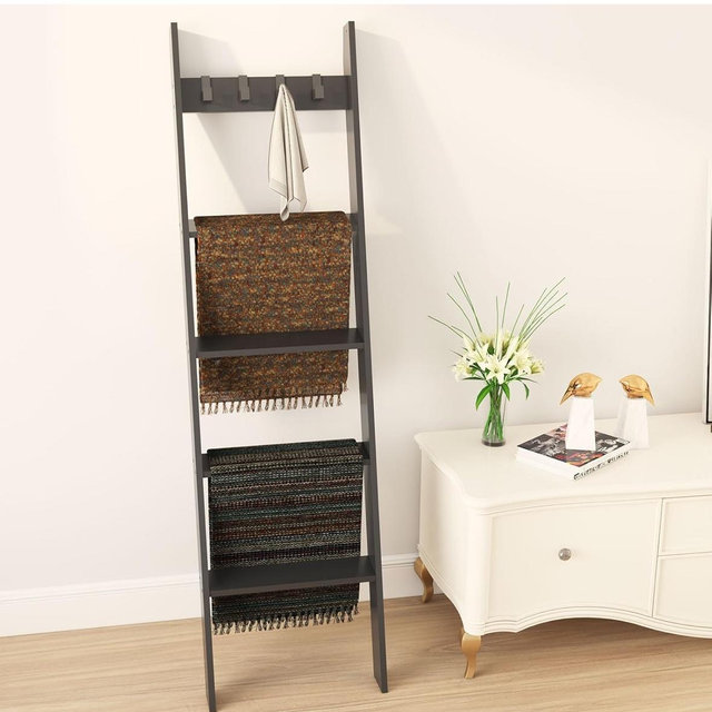 IBUYKE 5-Tier Blanket Ladder Shelf,Ladder Rack for Storage and Decor,Wooden Blanket Holder with Hooks,Easy Assembly for Bedroom,Black TTR006B