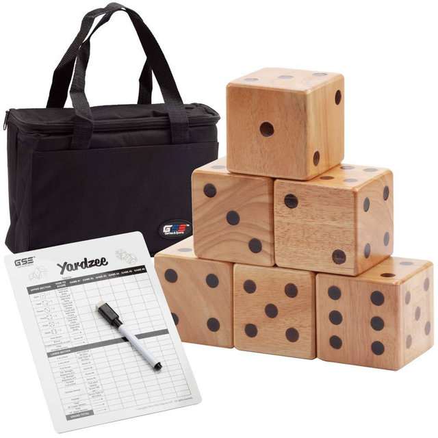 GSE Rubber Wood 12 Numbered Pins Yard Game Set, Oak Hardwood Kubb Yard Game Set,3.5-Inch Premium Oak Giant Yard Dice Set with Bucket/Carrying Bag and Yardzee & Farkle Scorecard. Outdoor Backyard Lawn Game for Kids & Adults