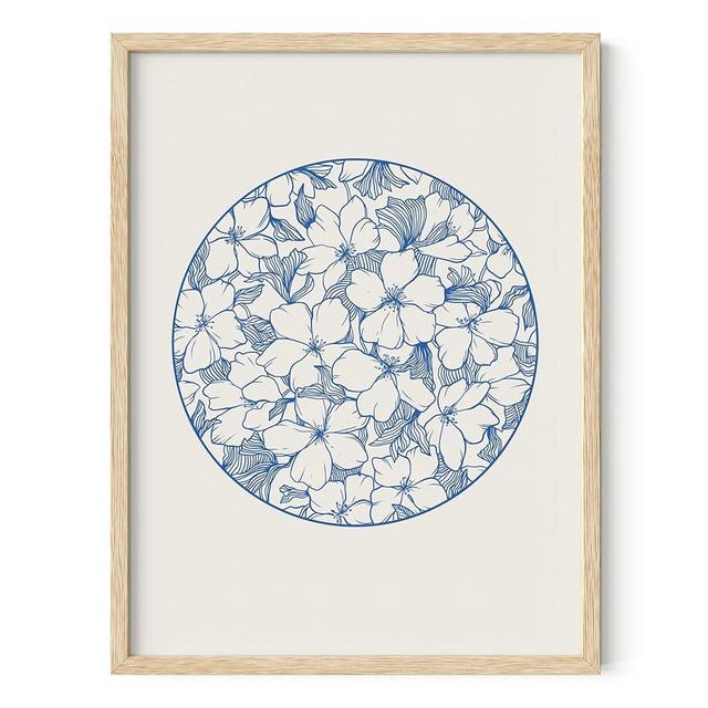 HAUS AND HUES Blue Wall Art - Japanese Floral Traditional Caligraphy Inspired Flower Print, Blue Artwork Floral Wall Art, Wall Art Blue Flower Wall Art (Beige Frame, 12x16)