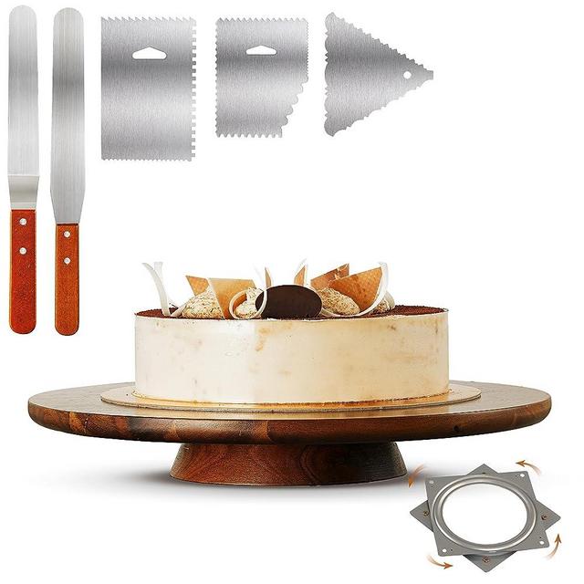 TIDITA 13" Acacia Cake Stand Rotating – Rustic Cake Stand Set Turntable with 2 Icing Spatulas, 3 Smoothers – Wooden Revolving Spinner Cake Decorating Supplies - Use at Parties, Wedding (Acacia Wood)