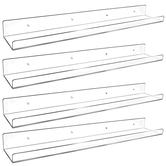 Febwind 4 Pack 24-Inch Long Clear Acrylic Floating Shelves Wall Ledge Invisible Wall Mounted Floating Bookshelf U Shape Wall Shelf for Book Display Makeup Product Spice Organizer
