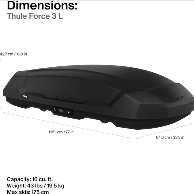 Thule Force 3 - Size L - 16 cu ft - Aerodynamic roof Mounted Box - Dual-Sided Opening with Locks - Tool-Free Install - Weatherproof Design - for SUVs, Trucks, Cars, EVs and More