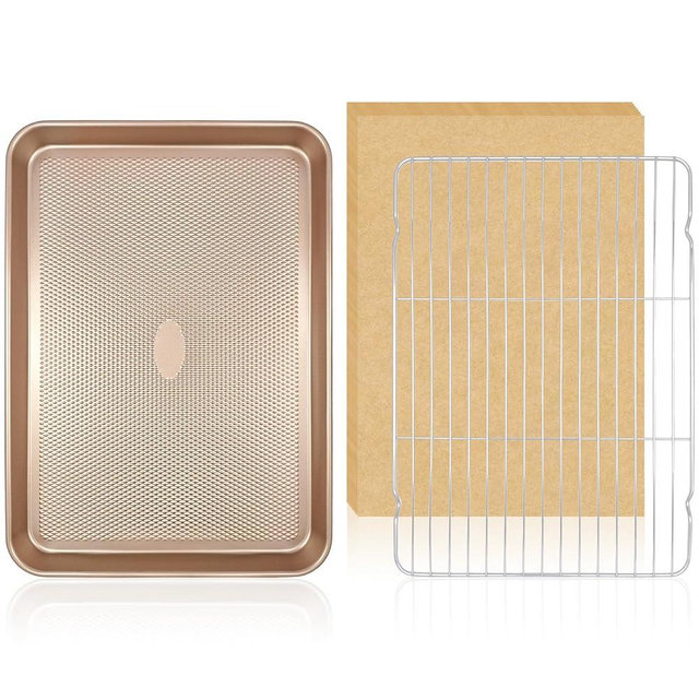 Baking Sheet with Wire Rack Set, 1 Sheet Pan(17.5'' X 11.8'') with 1 Cooling Rack, Includes 50 Sheets of Parchment Paper, Thickened Carbon Steel Baking Pan, Nonstick Cookie Sheets for Baking