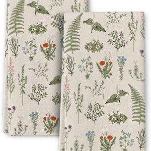 Vintage Floral Kitchen Towels Decorative Set of 2 Sage Green Herbs and Wildflowers Dish Towels Cute Botanic Absorbent Hand & Tea Towel for Kitchen Farmhouse Spring Summer Decor 16"x24"