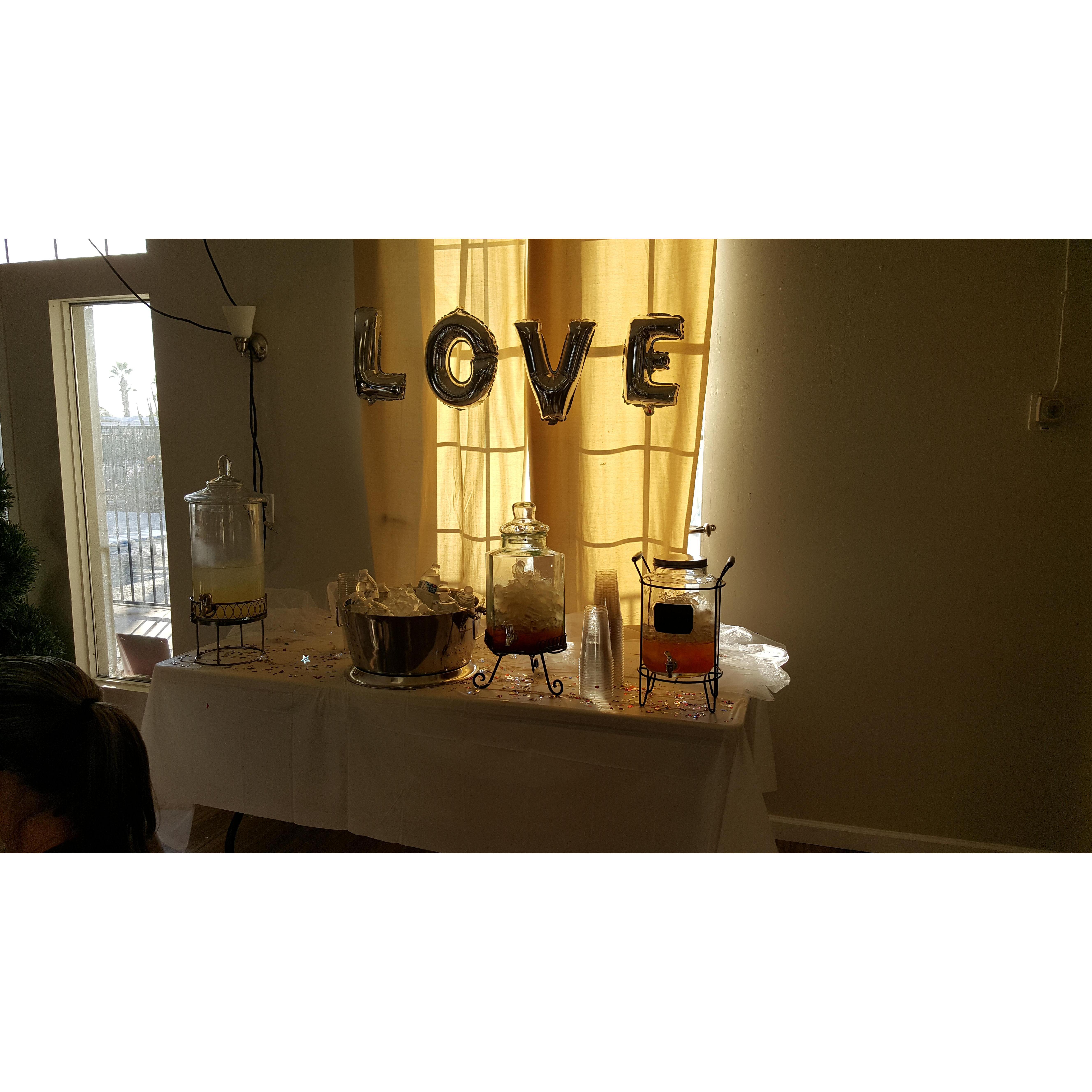 Bridal shower beverage table.