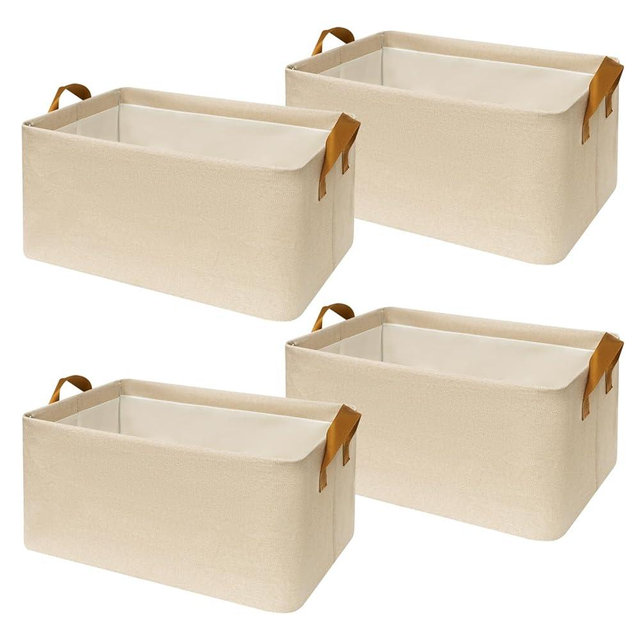 SNWDN 4 Pack Closet Cloth Storage Bins for Shelves, Medium Storage Baskets for Shelves, Fabric Bins for Closet organization with Handles（ Beige 15''L x 10.2''W x 7.5''H）
