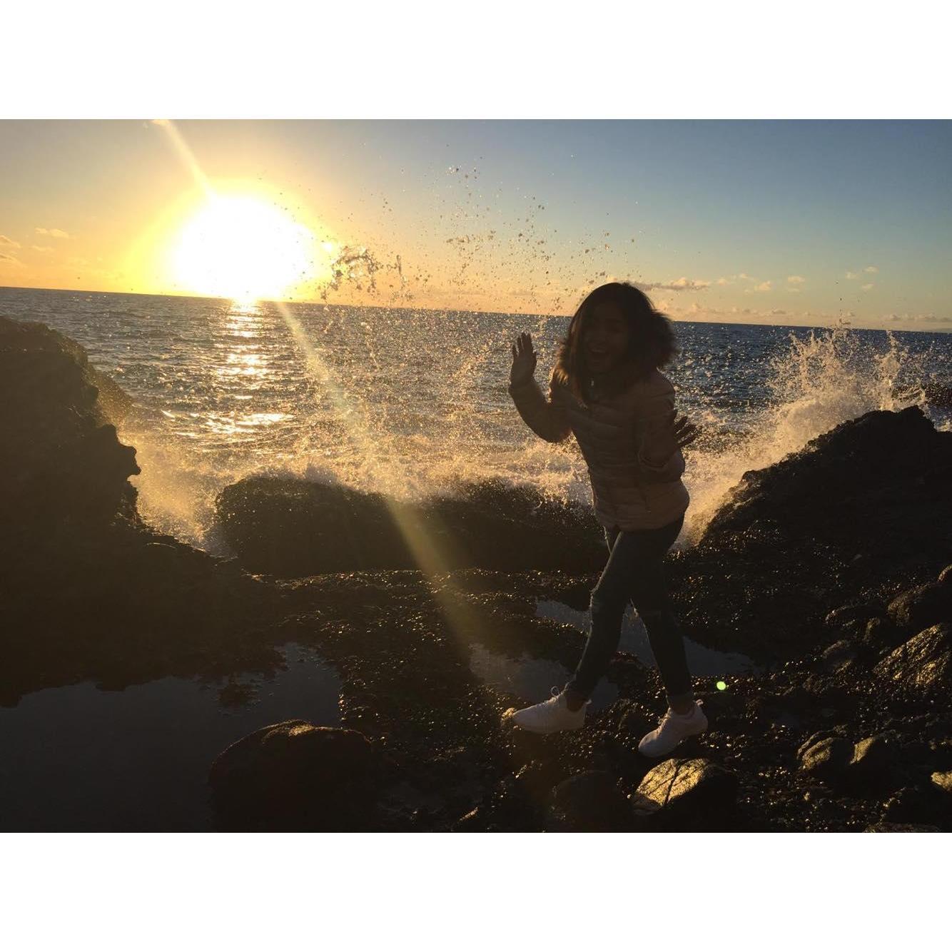 Sunset and big waves at Laguna Beach, California, 2019