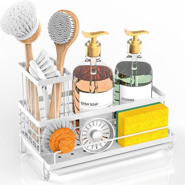 Cisily White Sink Caddy Kitchen Sink Organizer, Sponge Holder for Kitchen Sink with Removable Drip Tray for Countertop Dish Soap Holder Dispenser Higher Brush Holder, 304 Stainless Steel Accesorios