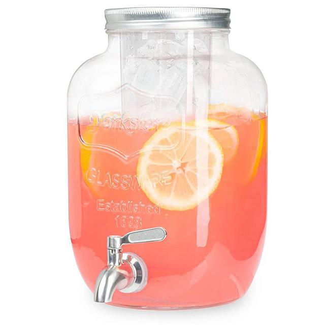 Outdoor Glass Beverage Dispenser with Stainless Steel Spigot & Ice Cylinder - 1 Gallon Drink Dispenser for Tea, Lemonade, Cold Water & More