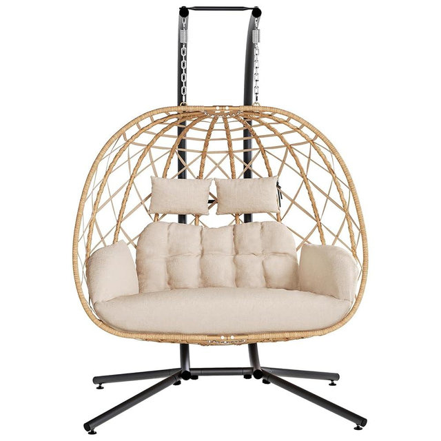 SWITTE Double Egg Swing Chair with Stand, 2 Person Outdoor Indoor Hammock Hanging Chair with Cushion for Patio Living Room 650 LBS Capacity-Beige