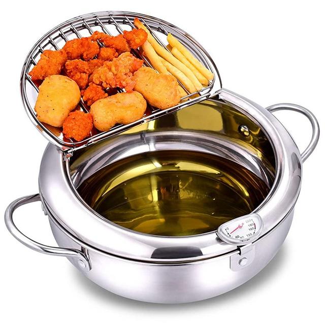 Deep Fryer Pot,304 Stainless Steel with Temperature Control and Lid Japanese Style Tempura Fryer Pan Uncoated Fryer Diameter: 9.4"
