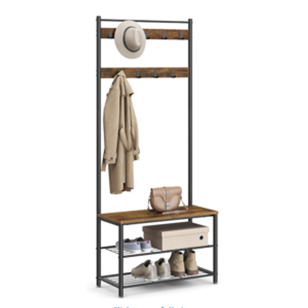 VASAGLE Coat Rack, Hall Tree with Shoe Storage Bench, Entryway Bench with Shoe Storage, 3-in-1, Steel Frame, for Entryway, 12.6 x 27.6 x 68.9 Inches, Industrial, Rustic Brown and Black UHSR41BX