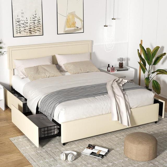 Queen Bed Frame with 4 Storage Drawers, Modern BedFrame with Rivet Adjustable Headboard, Platform Mattress Foundation, Metal Frame Structure with Wooden Slats Support, No Box Spring Needed, Beige