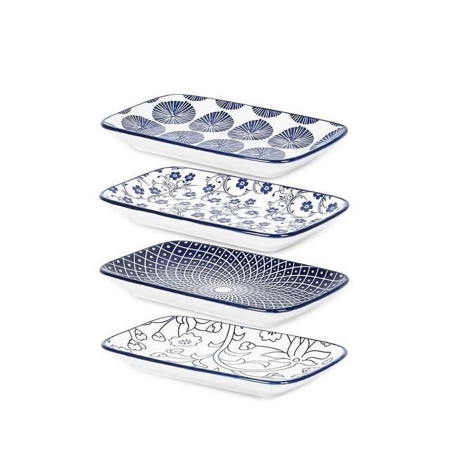 Selamica Ceramic Rectangular Salad Plates Set of 4, 8 Inch Small Serving Plates for Appetizers, Sushi, Fruit, Vintage Blue