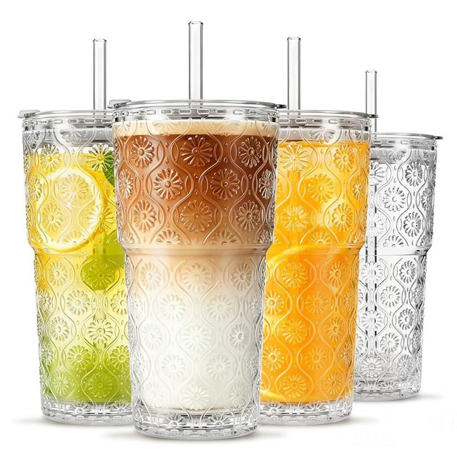 INSETLAN 20oz Begonia Flower Glass Tumbler Set of 4 – Thickened Glass Cups with Lids and Glass Straws for Iced Coffee, Smoothies, Milk, Water, and More – Elegant& Durable Drinkware