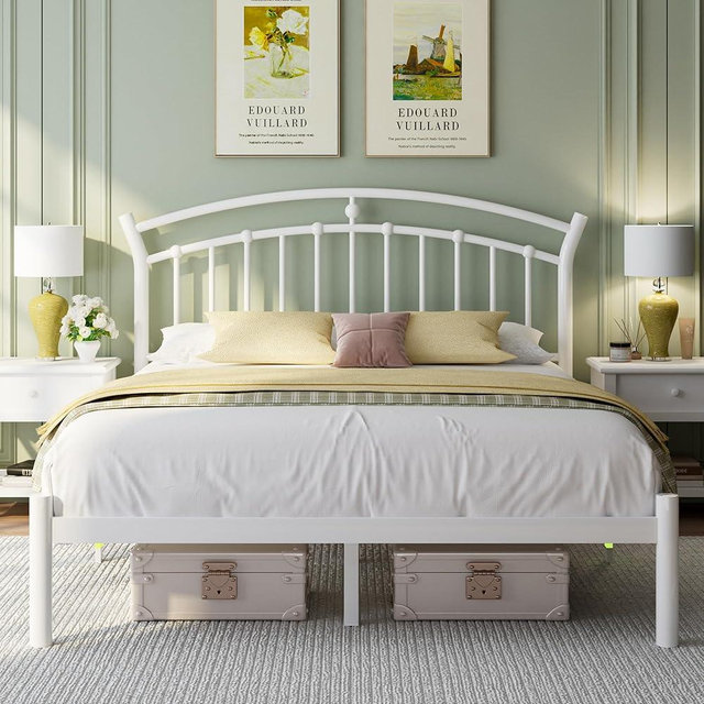 Feonase Full Size White Bed Frame, Heavy-Duty Metal Bed Frame with 13 Hardened Steel Slats, 12" Under-Bed Storage, Noise-Free, Easy Assembly
