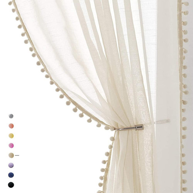 Treatmentex Pompom Linen Sheer Curtains for Living Room 84inches Long Decorative Natural Window Curtain Draperies for Kids Bedroom Slub Textured Voile 52" W, 1 Pair
