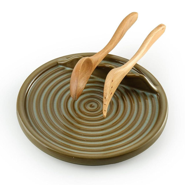 KOKUNKA Spoon Holder, Ceramic Spoon Rest for Stove Large Cooking Spatula Holder for Kitchen Countertop Coffee Spoon Rest for Ladle, Spatula, Spoons or Tongs, Green