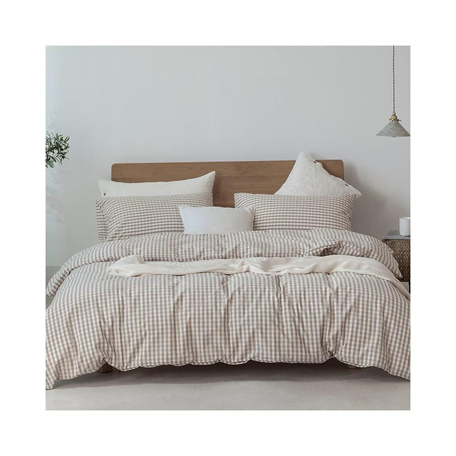 F.Y.Dreams 100% Washed Cotton Duvet Cover for Weighted Blanket 60x80 inches with 8 Ties, Zipper on Long Side/Khaki and White Grid/Just Duvet Cover
