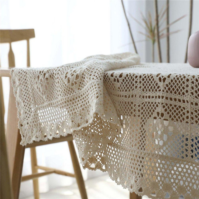 Azerlee Handmade Crochet Tablecloth Cotton Lace Table Cloth Rectangular Table Cover for Kitchen Dinning Wedding Party Decoration, Beige, 55 X 70 Inch