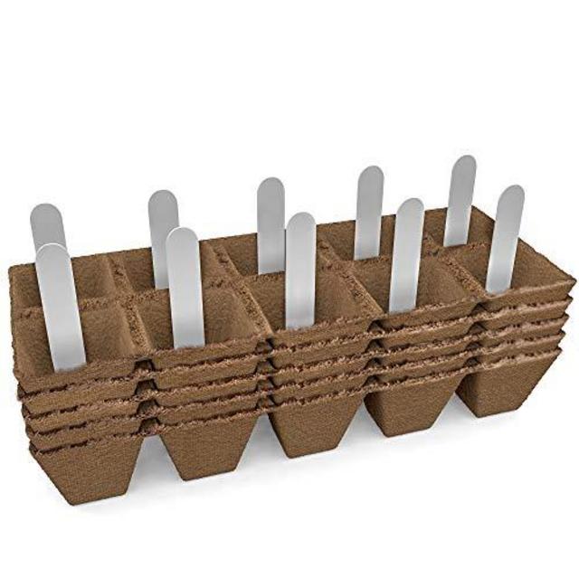 Seed Starter Peat Pots Kit | Germination Seedling Trays are Biodegradable and Organic | 10 Plastic Plant Markers Included | 5 Pack - 50 Cells