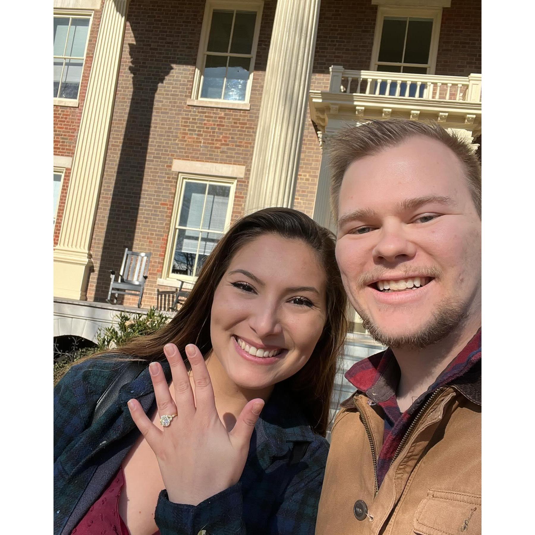 Per Roanoke College tradition, Tobyn proposed to Sam while standing over the college seal