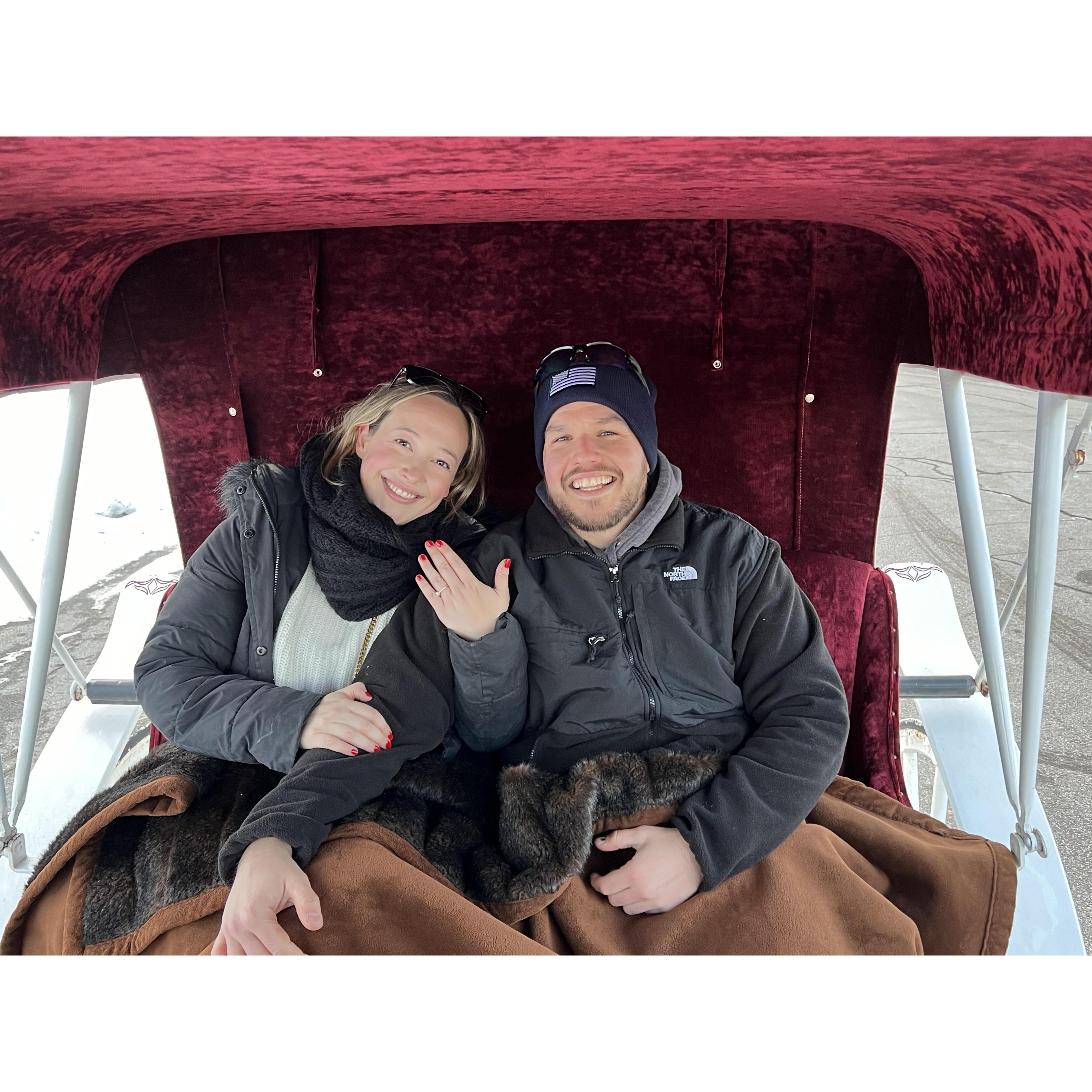 Right after Chris popped the question in front of the Mt Washington Hotel! We were enjoying a cozy, scenic carriage ride with Georgie the horse.