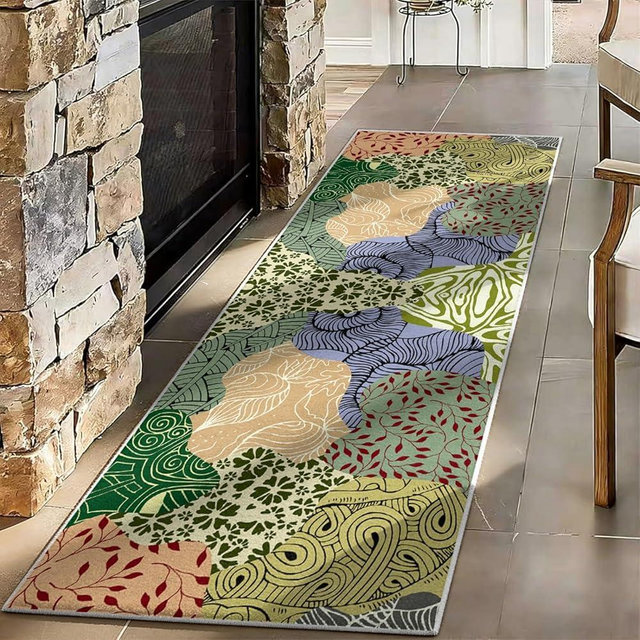 ZLXMN Indoor Non Slip Runner Rug,2x8ft,Boho Abstract Botanical Leaves Floral Print Patchwork Hallway Rug,Soft Low Pile Washable Runners Kitchen Runner Carpet for Office Decor