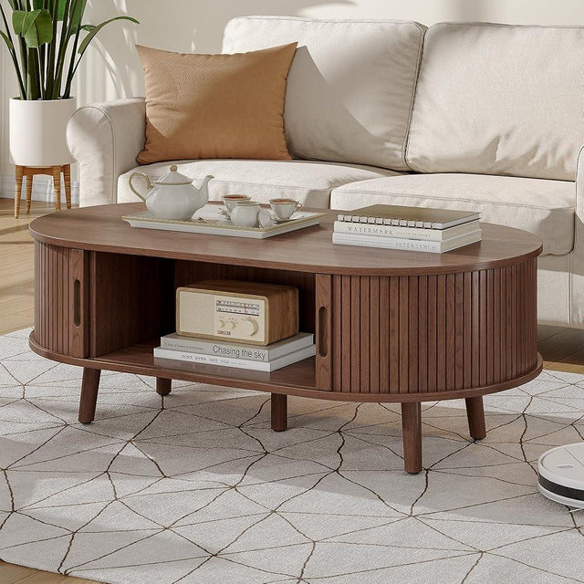 Alohappy Coffee Table, Mid Century Modern Coffee Table with Sliding Tambour Door, Oval Fluted Coffee Table with Storage, Small Curved Profile Coffee Table for Living Room Fluted Center Table, Walnut
