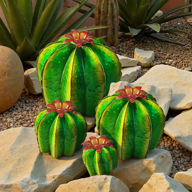 inihpocv Metal Cactus Yard Art Set of 4 - Hand Painted Barrel Cactus Garden Decor, Metal Cactus Sculptures for Outdoor Patio Lawn, Mexican Style Desert Garden Statues, Housewarming Gift (5"-12.6")