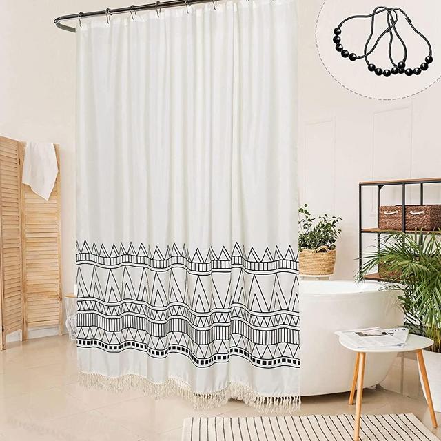 MitoVilla Beige Boho Shower Curtain Set, Modern Farmhouse Tassel Shower Curtain Liner, Abstract Geometric Shower Curtain for Bathroom Decor, Tribal Fabric Standard Shower Curtain, 72 x 72