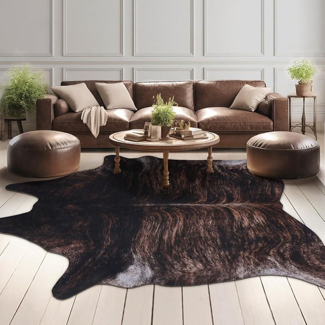 Faux Cowhide Cow Print Rug: 6.2 x 7 Feet Cow Hide Animal Print Area Carpet Large Western Decor for Living Room Bedroom, Black Brown