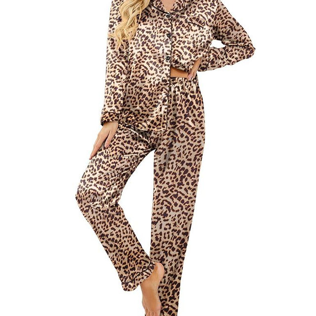 Ekouaer Womens Satin Pajama Set Classic Pattern Silky Pj Sets Button Down Sleepwear Loungewear