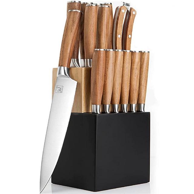 J&J Natura Series 15-Piece Kitchen Knife Set, High Carbon Stainless Steel with Block, Super Sharp, Durable Cooking Knife with Ergonomic Fraxinus Wooden Handle…