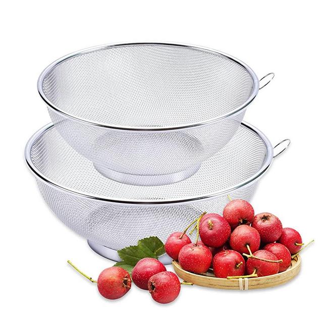 2Pcs Stainless Steel Mesh Colander Strainer Basket Drainer- Fine Mesh Strainer Rice Washing Bowl, Colander Sieve Sifters (7.08in+7.87in)