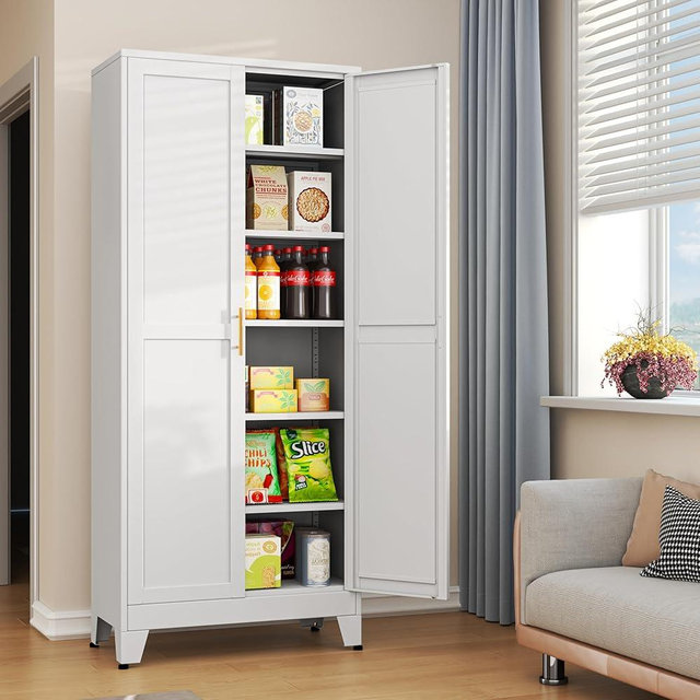 erosoei 75.2”H Pantry Storage Cabinet, Kitchen Storage Cabinets with Adjustable Feet and Shelves, Metal Pantry Cabinet for Kitchen, Living Room, Laundry Room and Dinning Room