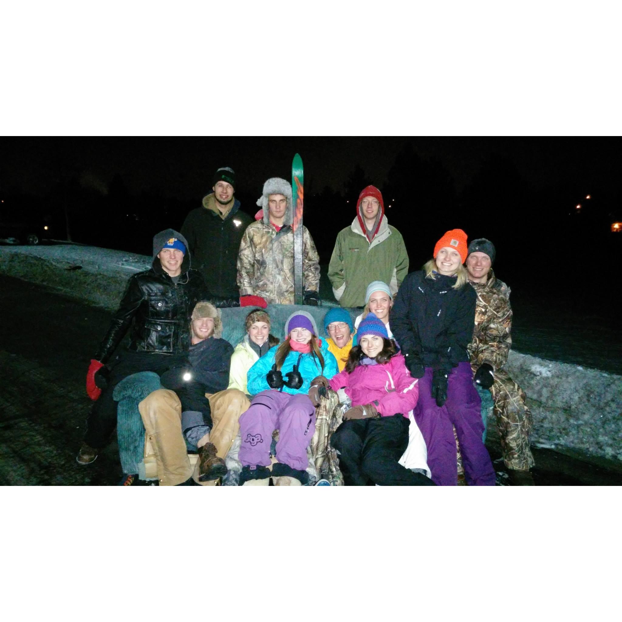 Scouching... skis + couch + snow + friends + college = sketchy fun memories.