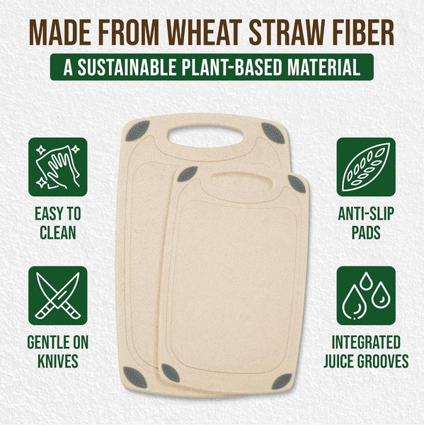 2-Piece Reversible Cutting Board Set Made from Natural Food Grade Wheat Straw Material - Eco-Conscious Alternative to Plastic - Gluten Free & BPA Free Chopping Boards for Kitchen