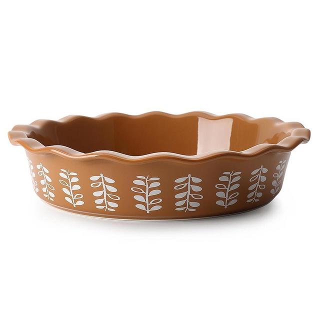 Sweese Porcelain Deep Fluted Pie Dish for Baking - 9 inch Porcelain Pie Plate for Apple, Quiche, Pot Pies, Tart - Leaf - Brown