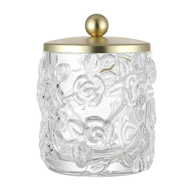 Indecor Home Clear Transparent Apothecary Floral Embossed Glass Jar With Gold Metal Lid Cover for Bathroom Organization, Cotton Balls, Q Tips, and Small Accessories, Bathroom Storage