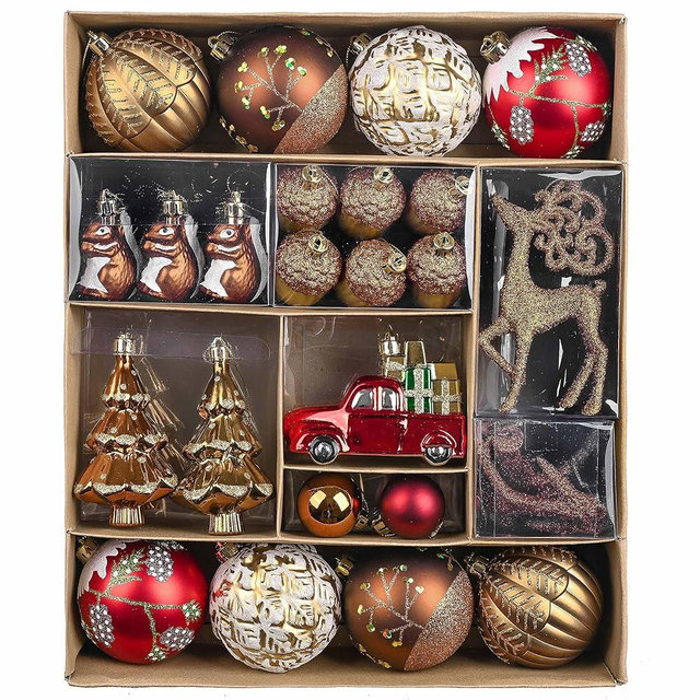 Valery Madelyn Christmas Ornaments Set, 60ct Red and Brown Shatterproof Christmas Tree Decorations, Woodland Hanging Ball Ornaments Bulk for Xmas Holiday Decor