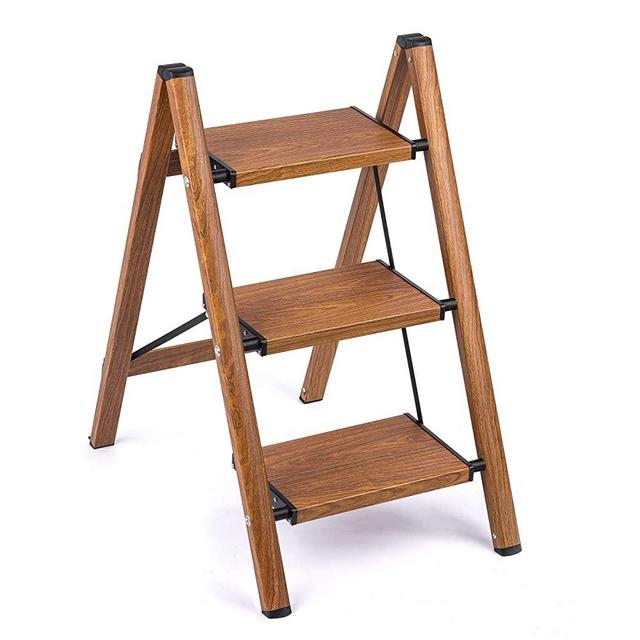 3 Step Ladder Woodgrain Shelf Aluminum Lightweight Folding with Anti-Slip and Wide Pedal for Home and Kitchen Space Saving