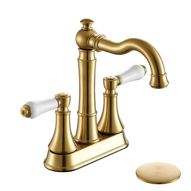 Roffenny Porcelain 2-Handle Brushed Gold Bathroom Faucet 4 inch Centerset with Plastic Pop-up Drain, Classical Gold Bathroom Vanity Sink Faucets for 3 Holes, High Arc 360° Swivel Brass Spout